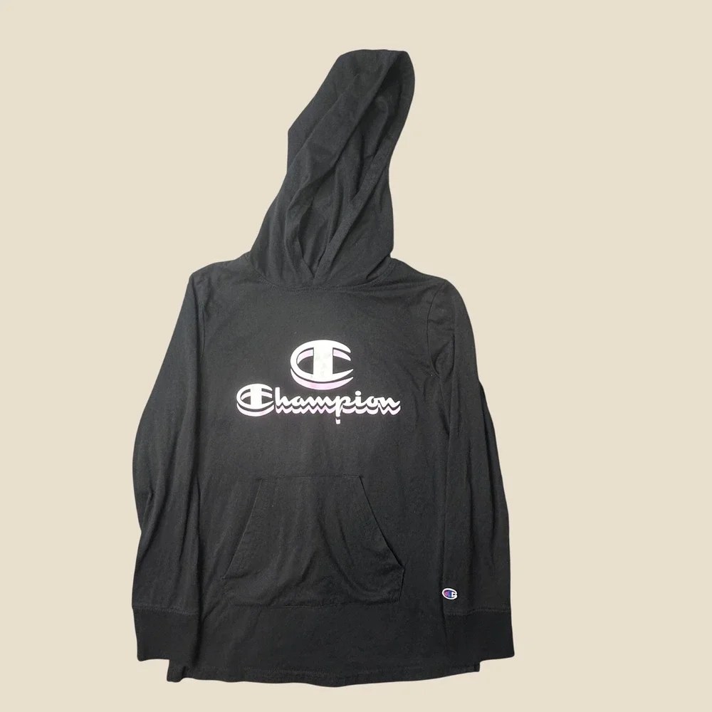 Champion Hooded T-Shirt Kids L Black Pink Shadow Logo Long Sleeve Graphic Pocket